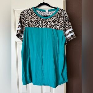 Leopard Print and Teal Short Sleeve Women's Top